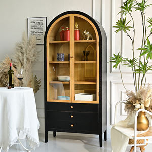 Aparador Moderno para Sala de Estar y Cocina, Diseño Arqueado, Panel de Madera Negra, Gabinete de Almacenamiento con Puerta de Vidrio, Estilo Rústico para Apartamento u Hotel - Product Image 3