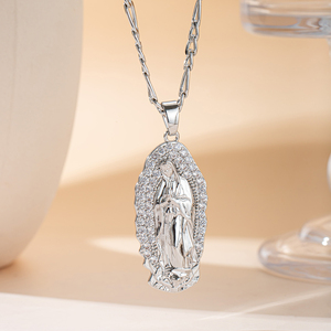 Elegante Collar <span class=keywords><strong>de</strong></span> <span class=keywords><strong>la</strong></span> <span class=keywords><strong>Virgen</strong></span> <span class=keywords><strong>de</strong></span> Guadalupe, Colgante Religioso con Cadena Figaro Esmaltada, Tono <span class=keywords><strong>Oro</strong></span>/Plata, Borde <span class=keywords><strong>de</strong></span> Circonitas, Joyería para Mujer, Regalo - Product Image 5