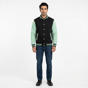 FINER THREADS Men's Winter Varsity Jacket Polyester/Cotton Blend Breathable Stand Collar Chenille Embroidery <b>Covered</b> <b>Button</b> - Product Image 1