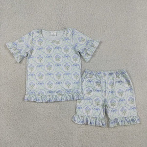 En Stock, Conjuntos de Pijamas con Lazos de Flores para Bebés y Niñas, Camisetas de Manga Corta y Pantalones Cortos - Product Image 2