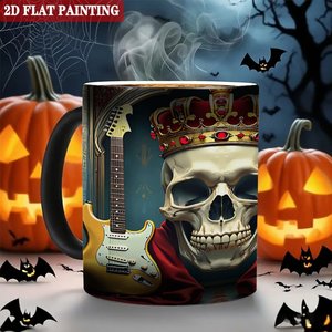 Mug en céramique noir givré de 11 oz, changeant de couleur à la chaleur, avec un design de crâne, d'une couronne et d'une guitare - Product Image 6