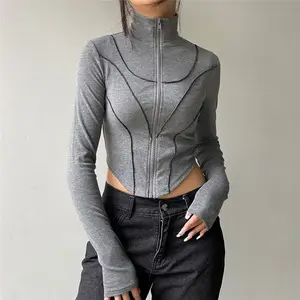 Nuevo cárdigan sexy de Camiseta de cuello alto con costuras irregulares para hacer el abrigo delgado de manga larga de estilo antiguo ropa de mujer