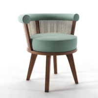 Fauteuil d'appoint moderne vert rembourré avec dossier en rotin, chaise de salle à manger en rotin, fauteuil à cadre en bois massif pour hôtel, café, restaurant