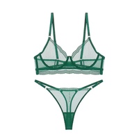 TJ Set Lingerie seksi untuk wanita, Bra renda jaring ultra-tipis, Set Lingerie seksi gaya Prancis untuk payudara besar pengecil ukuran Plus