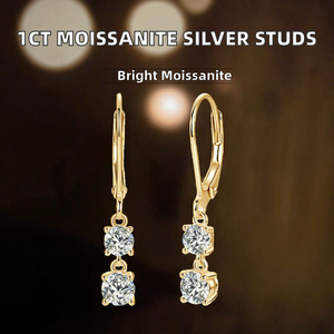 Boucles d'oreilles pendantes en argent 925 avec moissanite taille brillant rond, sertissage griffe, fermoir à levier, bijoux fins pour mariage, fête, femme, cadeau de luxe - Product Image 2