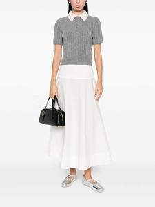 T-shirt décontracté pour femme en maille rayée respirante à col rabattu orné de perles de couleur douce grise pour l'été - Product Image 2