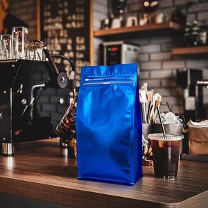 Sacs à café bleus brillants avec pochettes debout à valve (toute taille peut être personnalisée) Valve de dégazage Sacs de stockage des aliments à bande ouverte facile - Product Image 1
