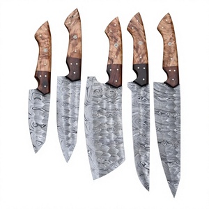 Juego de Cuchillos de Cocina Sm Knives de 5 Piezas, Hechos a Mano, de Acero de Damasco, 0.5 mm de Grosor, Hoja Recta, Punta Caída, Grado Industrial, Madera Azul OEM - Product Image 1