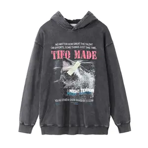 Hot Selling Washed vintage printed shark hoodie for men's street American side pockets with hoodie Men's Hoodie
