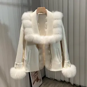 Manteau coréen coupe ajustée en laine véritable avec grand col en fourrure de renard véritable manteaux de luxe en fourrure naturelle de noël avec manchette en fourrure de renard