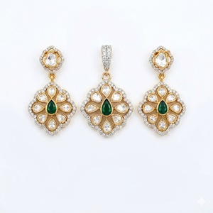 Elegant 925 Silver <b>Emerald</b> Kundan Polki Pear Cut Crystal Rhinestone <b>Pendant</b> Set with Earrings Gold Traditional Bridal Jewelry - Product Image 3