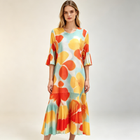 Robe longue plissée taille unique pour femme, col rond, ornée de perles, manches trois-quarts évasées, imprimée