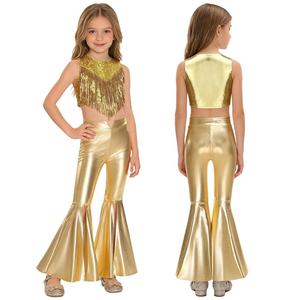 Conjunto de 2 piezas de disfraz de discoteca de los años 70 para niñas de 6 a 16 años, top metálico brillante con pantalones para eventos temáticos, actuaciones en escenario y baile. - Product Image 3