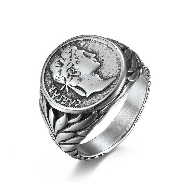 OAHLAN Men's Retro Stainless Steel Rings Roman Empire Caesar Coin Portrait Fashion Jewelry for Wedding Anniversary Party