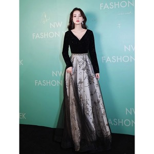 Women's Black Evening Gown V-Neck Long Sleeve Floral Print Tulle Skirt Formal Dress For Banquet And Coming Of Age Ceremony - Product Image 2