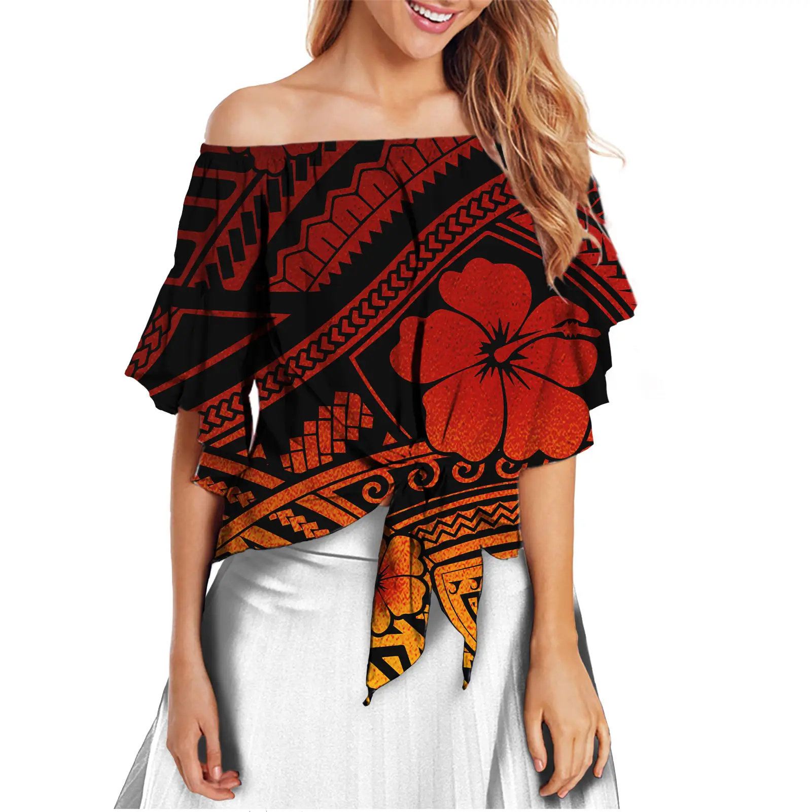 Landung schiff Hawaiian Style Polynesian Samoan Tribal Triangle Design Rote Hibiskus Plume ria Blumen Drucken Blumen Frauen Bluse 2021