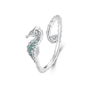 925 Sterling Silver Seahorse cincin terbuka hewan cincin jari dapat disesuaikan untuk wanita cincin susun perhiasan halus BSR559-E