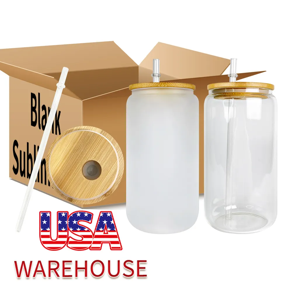 US warehouse Unbreakable 12oz 16oz 20oz glass can frosted beer glass with bamboo lid DIY drinking glasses can for vinyl