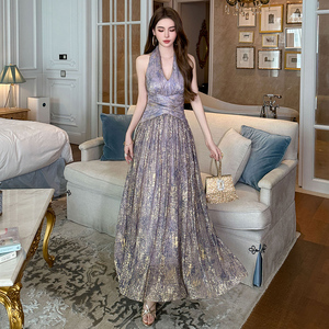 ชุดเดรสยาวแบบลำลองสำหรับฤดูร้อน ผ้ากลิตเตอร์แบบผูกคอ รุ่น ZYHT 70278 ขายส่งสำหรับผู้หญิง - Product Image 1