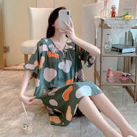 Chemise de nuit pour femme en coton et soie respirante, col en V, manches tombantes, imprimé dessin animé, pyjama, commerce transfrontalier, grande taille