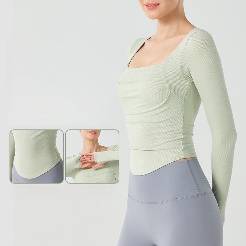 New Arrival Sexy Visual Built-in Fixed Pads Long Sleeve Finger Cuffs Yoga Fitness Crop Tops For Women