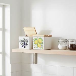 Azucarero de Porcelana con Tapa de Bambú, Caja de Almacenamiento Ecológica y Duradera para Cocina, Diseño Limón, Naranja y Oliva - Product Image 2