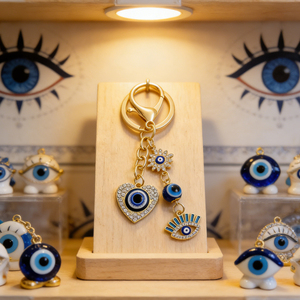 Nouveau porte-clés créatif en strass avec symbole porte-bonheur, œil protecteur, plaqué or, breloque cœur œil bleu pour la protection et la décoration de sac - Product Image 1