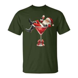 Camiseta Navideña de Martini con Diseño de Santa Claus, Unisex para Adultos, Cuello Redondo, Manga Corta, Impresión Digital, Diseño Festivo - Product Image 1