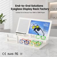 Présentoir à lunettes modulaire blanc à deux niveaux avec miroir d'essayage intégré, panneau d'affichage interchangeable et barre d'accessoires pour comptoir