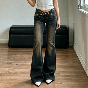 American High Street V Eyelet Waist Crop Asymmetrical Washed Jeans Hot Girl Distressed Straight Long Pants - Product Image 4