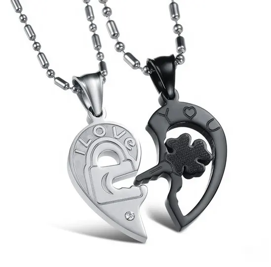 Wholesale fashion couple stainless steel I Love You design key and lock half heart pendant necklace for lovers