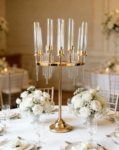 Candelabro LANJO de Lujo Dorado con 9 Brazos, Pantalla de Cristal y Base Metálica, Centro de Mesa para Bodas, 50x93cm - Product Image 1