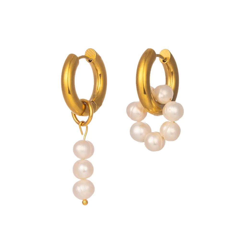 Boucles d'oreilles créoles élégantes en acier inoxydable plaqué or 18 carats avec perles baroques vintage d'eau douce