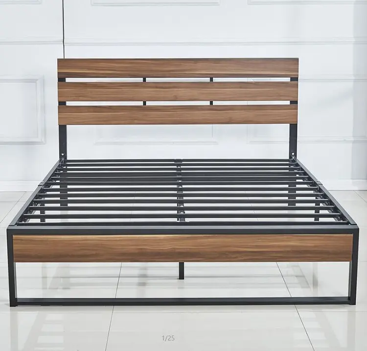 Hot sale durable wooden headboard metal bed Walnut double size bedroom set good quality