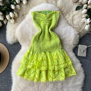Túnica sin tirantes de vacaciones de verano, vestido Midi plisado ajustado para mujer, vestido de encaje con volantes y bordado imperio sin mangas, <span class=keywords><strong>Bla</strong></span> - Product Image 4