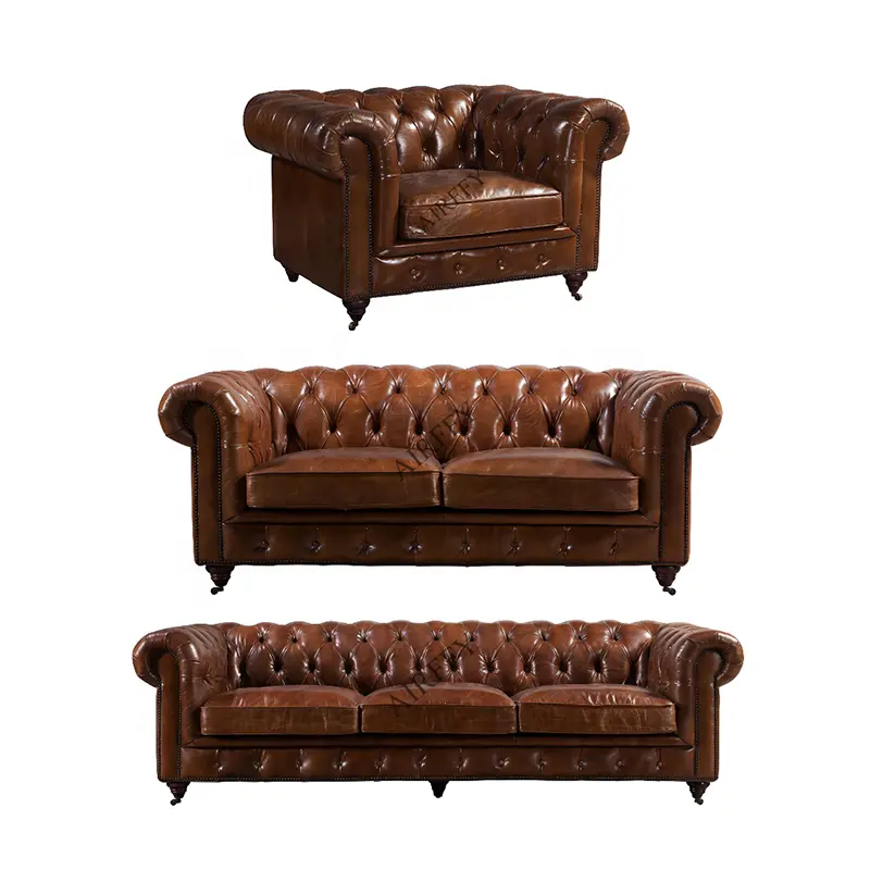 Ensemble de canapé Chesterfield en cuir véritable antique pour salon, meubles de club d'hôtel