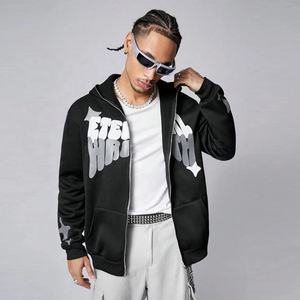 Sudadera con capucha para hombre de alta calidad al por mayor, estilo urbano hip hop, con logo personalizado con estampado 3D de burbujas, cremallera completa y corte holgado. - Product Image 2