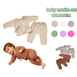 Abbigliamento per Neonati <span class=keywords><strong>in</strong></span> Morbido <span class=keywords><strong>Mussola</strong></span> 100% <span class=keywords><strong>Cotone</strong></span>, Completo Semplice con Camicia Allacciata e Pantaloni Lunghi - Product Image 1