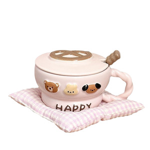 Mug en céramique mignon à motif de dessin animé, avec couvercle et cuillère, design pain de pretzel, motif joyeux, grande capacité, pour le petit-déjeuner, cadeau - Product Image 4