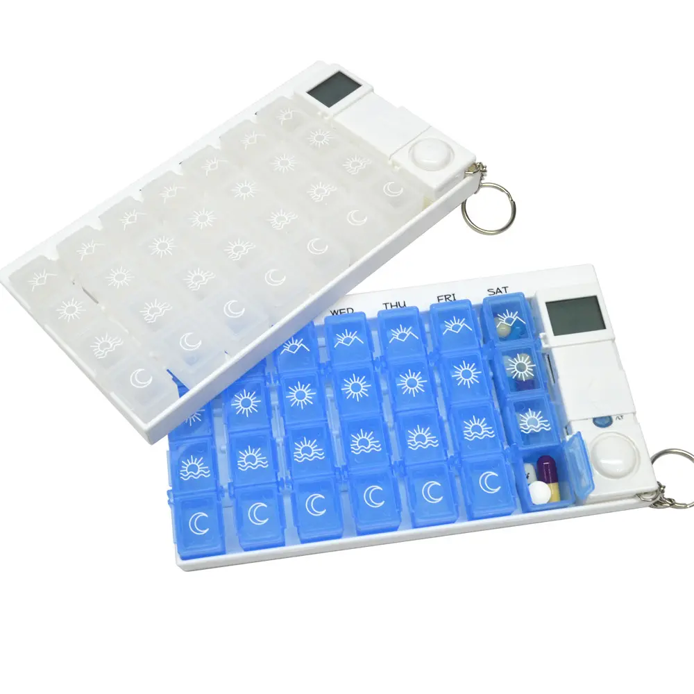 Caja de medicina inteligente semanal de 28 celdas, dispensador de pastillas inteligente LCD con temporizador de recordatorio, caja de Medicina de vitamina inteligente semanal