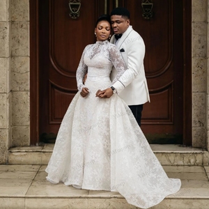 Abiti da sposa a sirena in pizzo con perline, stile africano, collo alto, applicazioni, maniche lunghe, abiti da sposa con bottoni sul retro, personalizzabili per fuga in matrimonio - Product Image 3