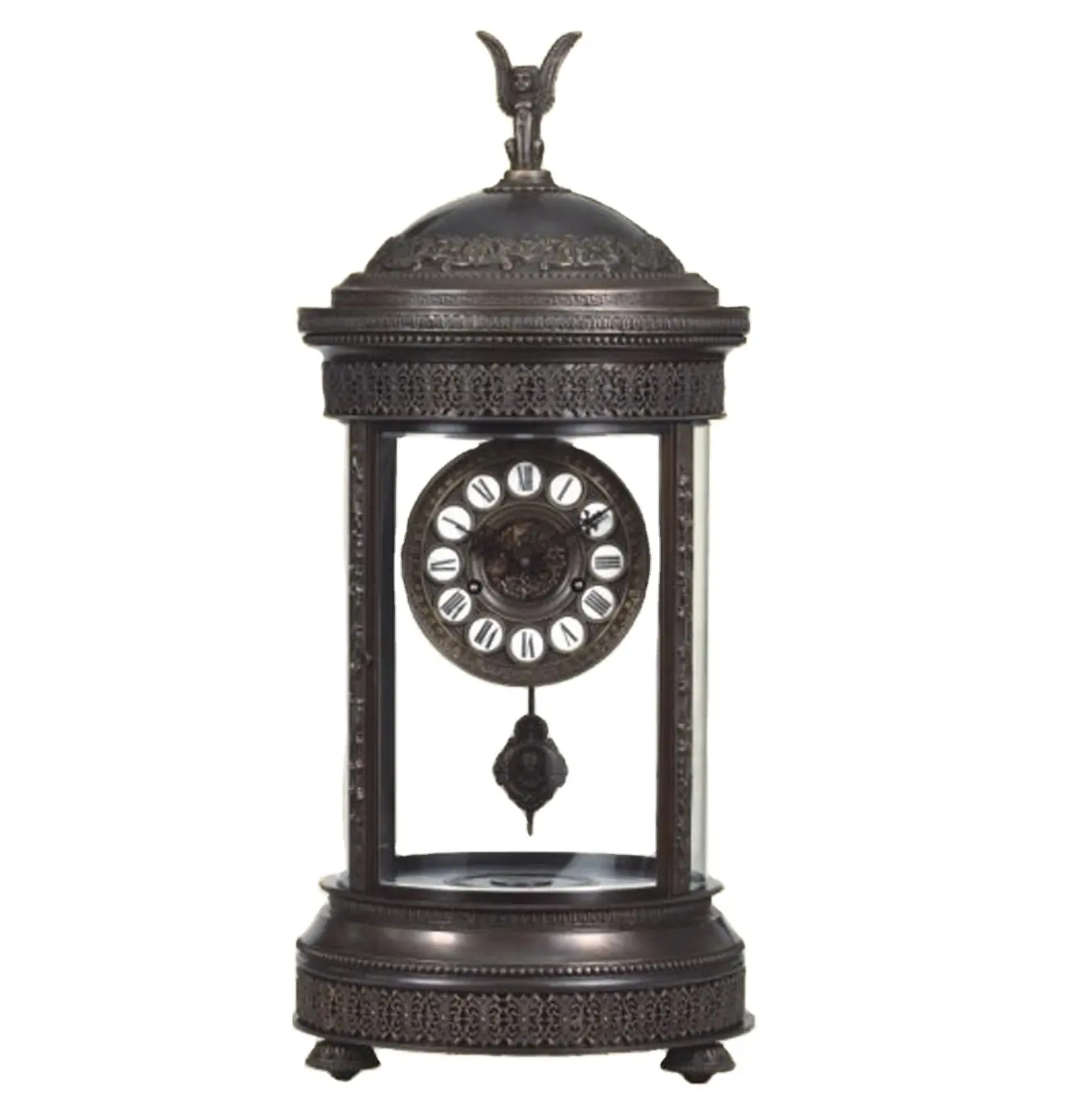 Antike Bronze gravierte Messing-Rotunde Säulendach Porzellan-Nr. Einsatz auf dem Messing-Zifferblatt Mercury-Spendel mechanische Uhr/Uhr
