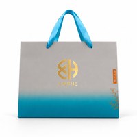 Sac cadeau en papier dégradé turquoise de qualité supérieure avec poignées en satin, logo en feuille d'or, étiquette à accent orange et emballage de vente au détail personnalisé