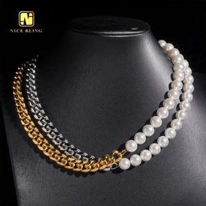 Delicado collar de perlas pulseras 18K chapado en oro cadenas de acero inoxidable media perla medio collar de eslabones cubanos para hombres y <span class=keywords><strong>mujeres</strong></span> - Product Image 5