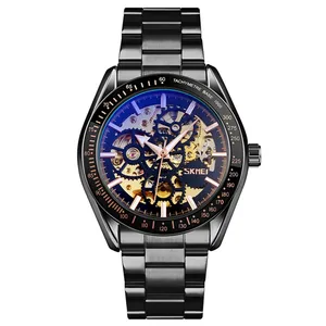 SKMEI 9194高品质自动手表黑色不锈钢ip电镀机械透明手表