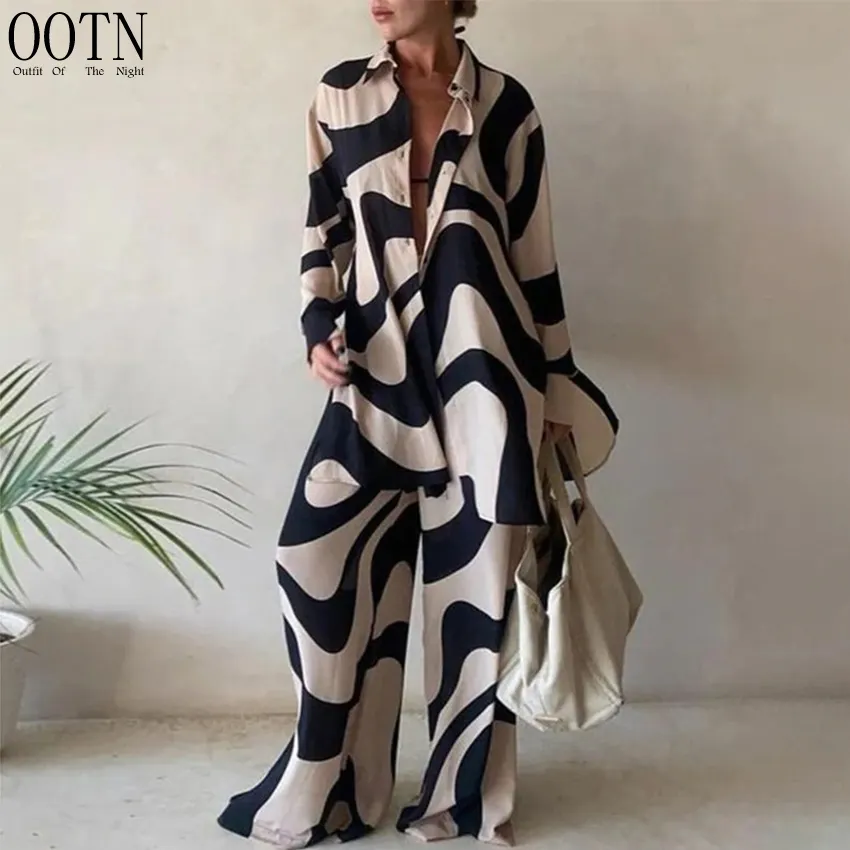 OOTN Trouser Suits Elegant Long Sleeve Top And Elastic High Waist Trousers Suit Loose Stripe Women Shirt Pants Two Piece Set