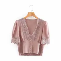 D855-Blusa corta de encaje con escote en V para mujer, camisa con botones para mujer, Top corto elegante