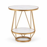 Table basse ronde moderne en pierre frittée, portable, avec cadre en fer géométrique couleur or champagne et étagère de rangement inférieure, directement de l'usine