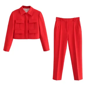 KAOPU ZA Women with flaps short blazer and front seam high-waist trousers two pieces sets mujer