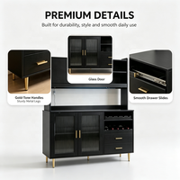 Buffet haut moderne noir avec portes vitrées, éclairage LED, casier à vin, tiroirs et pieds dorés pour salle à manger, cuisine, salon